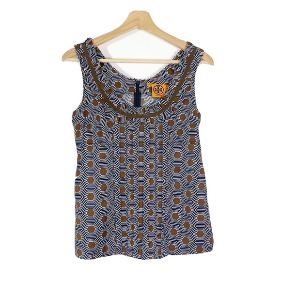 Tory Burch Tops - Tory Burch Geometric Top Pockets Sleeveless Navy Brown Sz 4